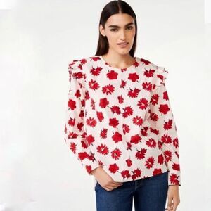 Free Assembly Button Shoulder Long Sleeve Floral Print Top